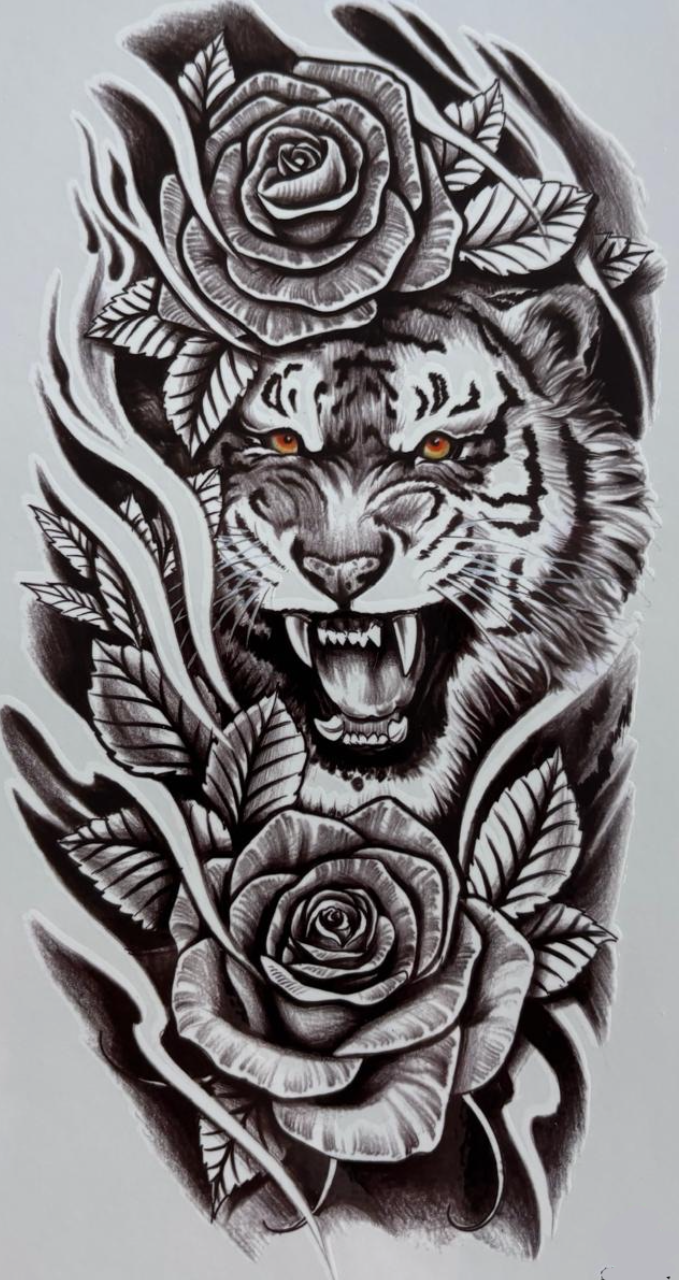Fleurs et tête de tigre