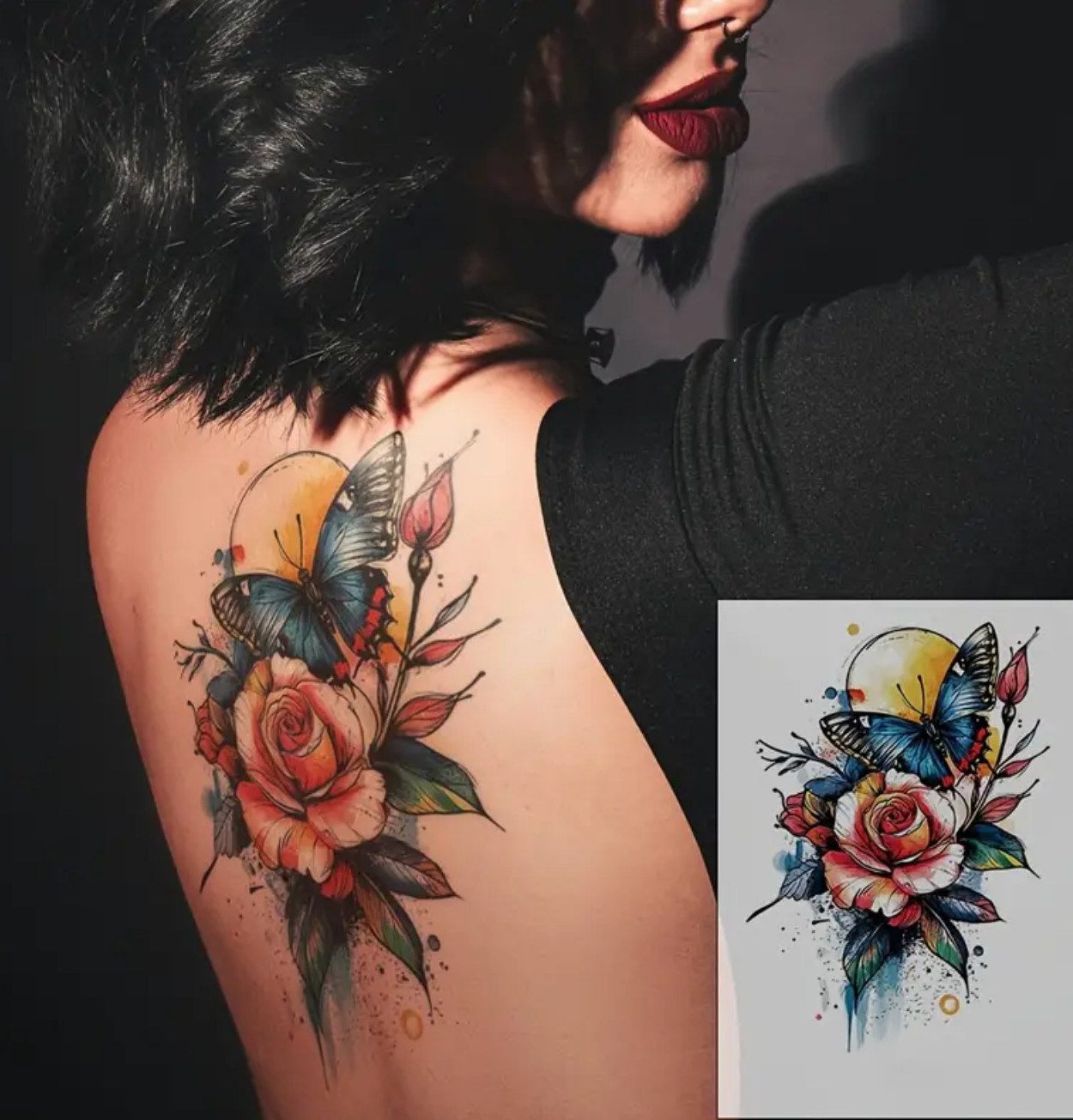 Rose, papillon et soleil coloré