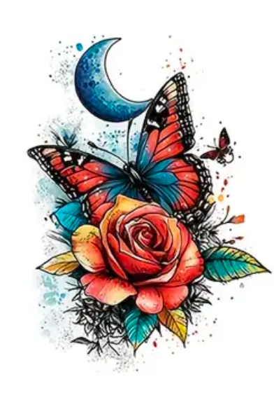 Rose, papillon et lune colorés