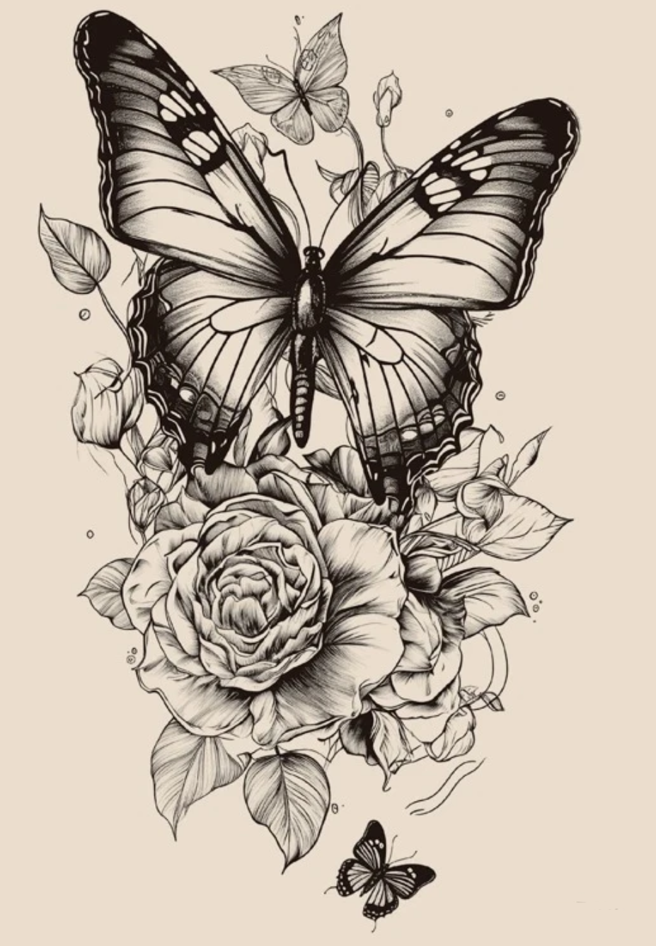 Roses et grand papillon en noir et blanc #2