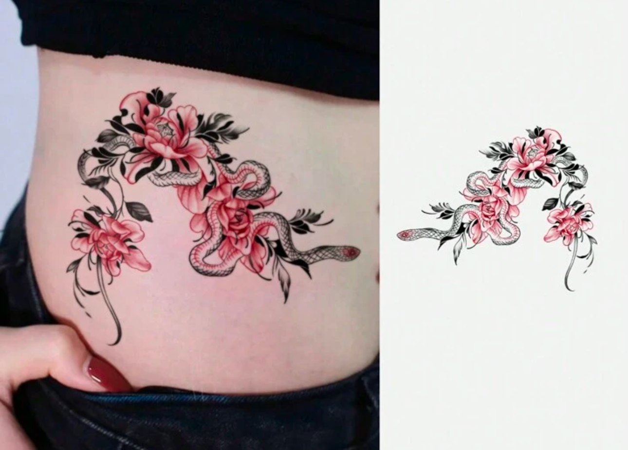 Serpent et fleurs roses